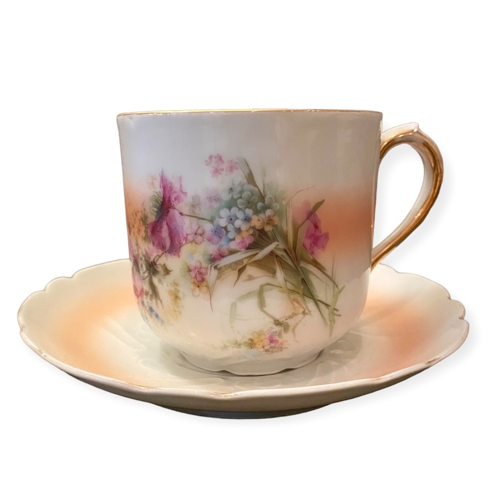Antique Victorian Hand Painted Floral Shaving Scuttle Mug & Saucer Set Porcelain